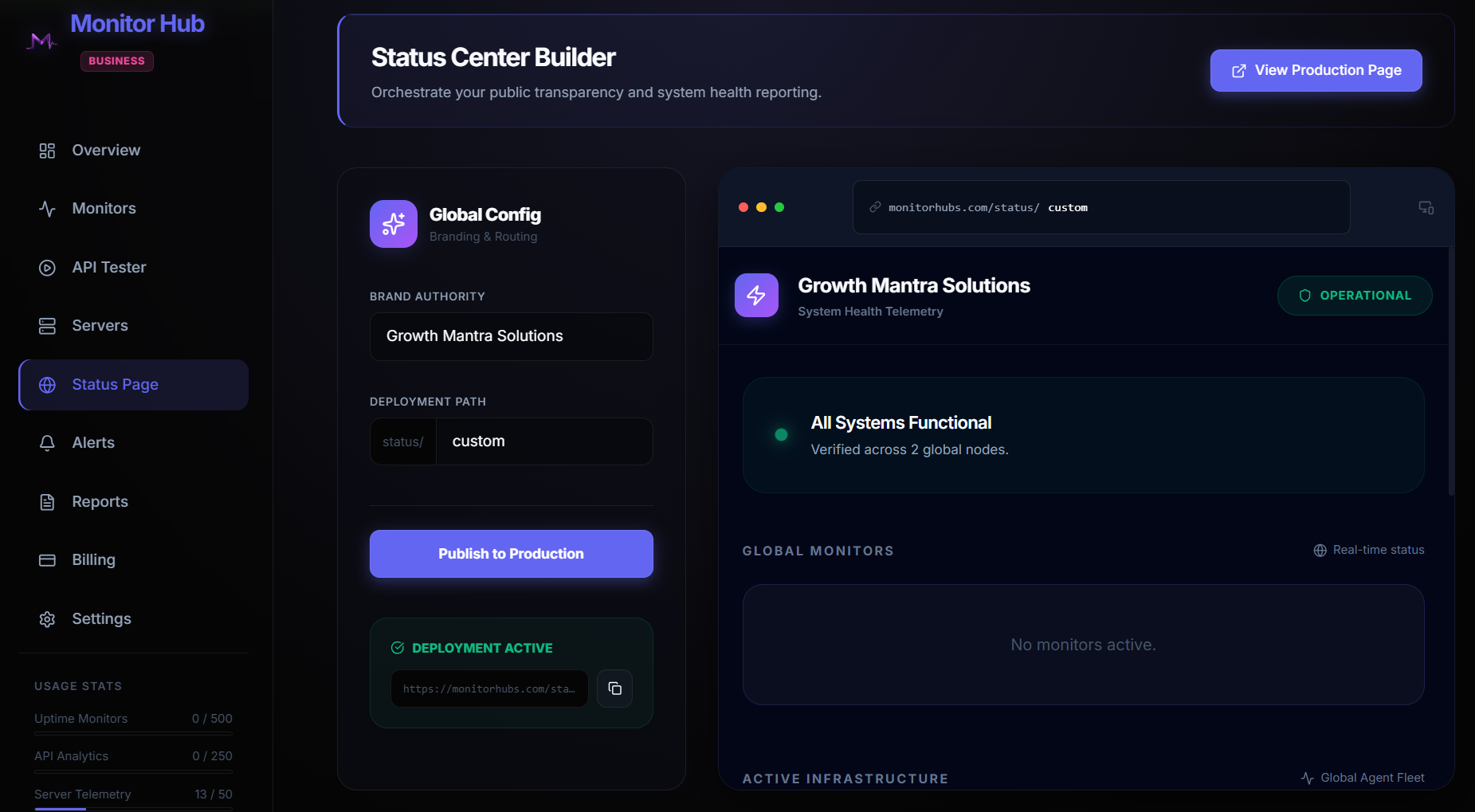 Monitor Hub status page builder showing operational systems